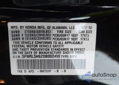 2013 Honda Odyssey Ex-L from USA, damaged, VIN 5FNRL5H62DB002490